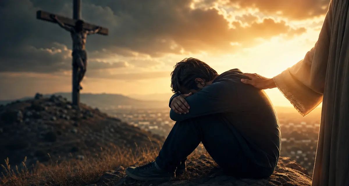 A distressed individual sits with head bowed as a figure symbolizing Jesus places a comforting hand on their shoulder, with a cross on a hill in the distance under a dramatic sky, representing hope over suicide