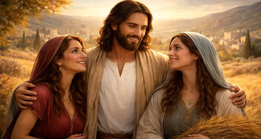 A warm, golden-toned scene depicting Jesus as the Author of Salvation, standing at the center with a gentle and welcoming expression, embracing Rahab and Ruth on either side, symbolizing His intentional weaving of their lives into the redemptive story, with a peaceful landscape and ancient city in the background reflecting divine purpose and grace.