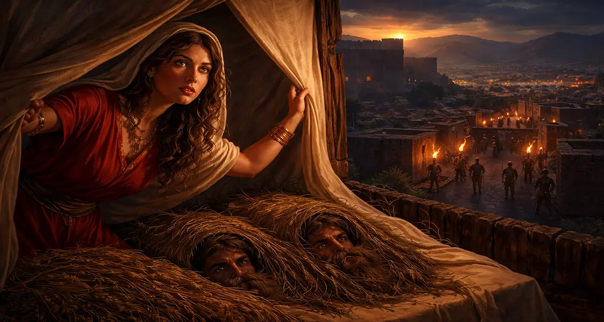Rahab’s faith in action as she hides the Israelite spies beneath bundles of flax on her rooftop in Jericho, watching the city below with courage and resolve while trusting in the God of Israel.