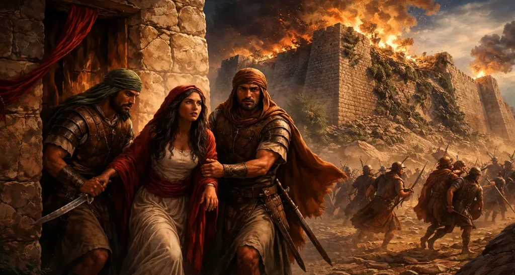 Rescue from Jericho: Rahab is urgently led out of her home by two Israelite spies as the city walls collapse and burn behind them, capturing a moment of deliverance amid destruction.