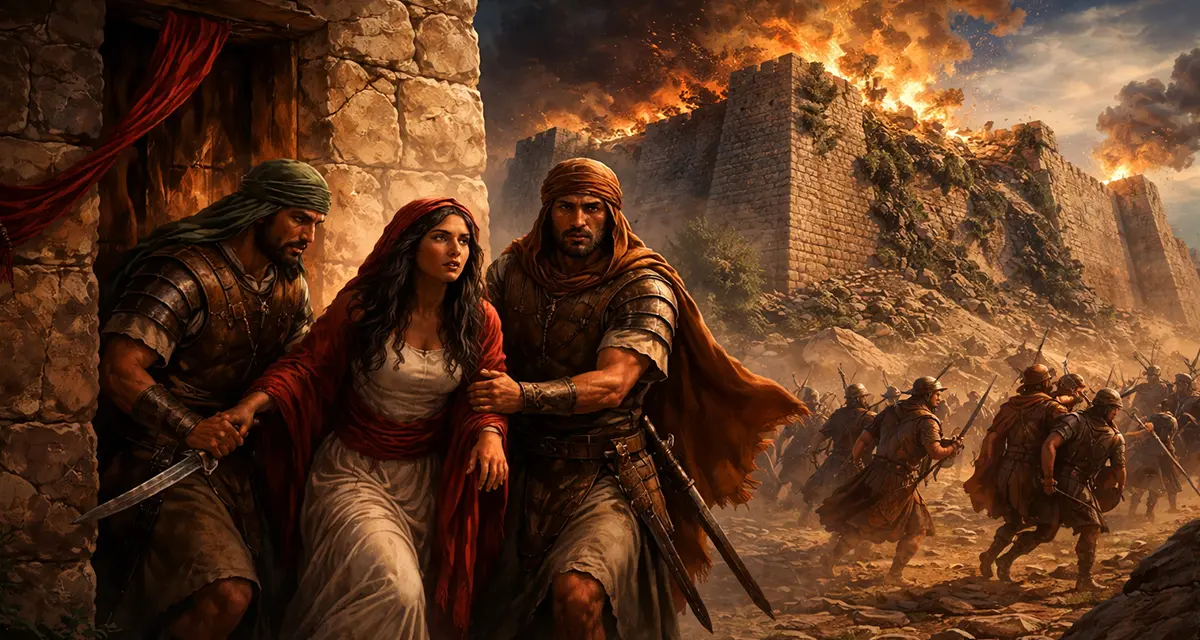 Rescue from Jericho: Rahab is urgently led out of her home by two Israelite spies as the city walls collapse and burn behind them, capturing a moment of deliverance amid destruction.