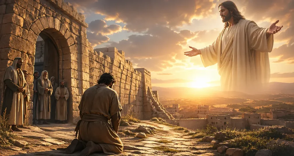 A wide, cinematic scene at sunset showing an ancient fortified city representing the Cities of Refuge, with a weary man kneeling near the entrance as elders stand by the gate, while a radiant, Christ-like figure extends His arms in the distance—symbolizing protection, mercy, and divine refuge.