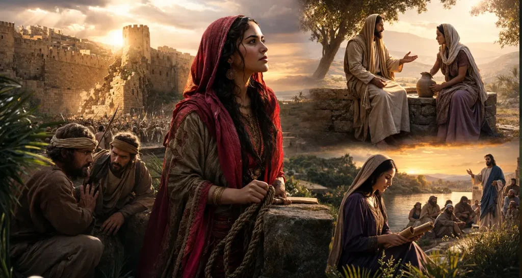 Panoramic biblical scene illustrating **divine appointments**, featuring Rahab with the spies overlooking Jericho, Jesus speaking with the Samaritan woman at the well, and a teacher sharing truth by the water, all connected through warm light symbolizing God guiding hearts and paths at the right moment