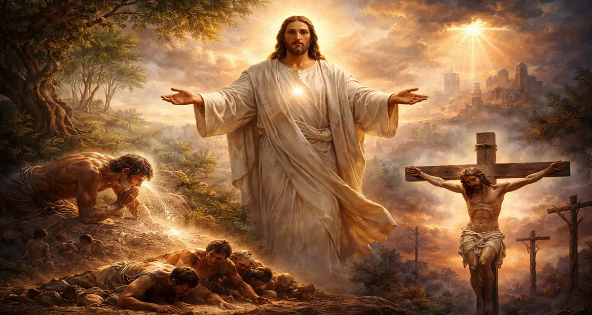 A radiant depiction of Jesus Christ standing with open arms at the center, surrounded by scenes of humanity formed from dust, fallen to the ground in defeat, and the crucifixion on the tree—illustrating the journey from dust, through judgment, to redemption.