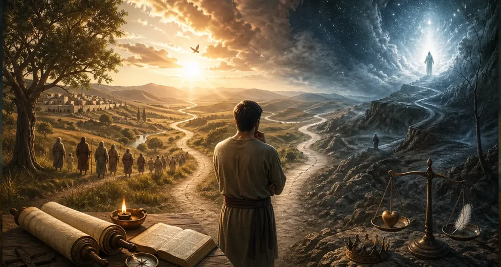 A wide cinematic landscape showing a person standing at a crossroads between two contrasting paths—one bright and ordered, symbolizing clear formulas and structured understanding, and the other winding into a mysterious, radiant horizon, representing a journey of faith—capturing the transition from reliance on predictable patterns to trust in the unseen.