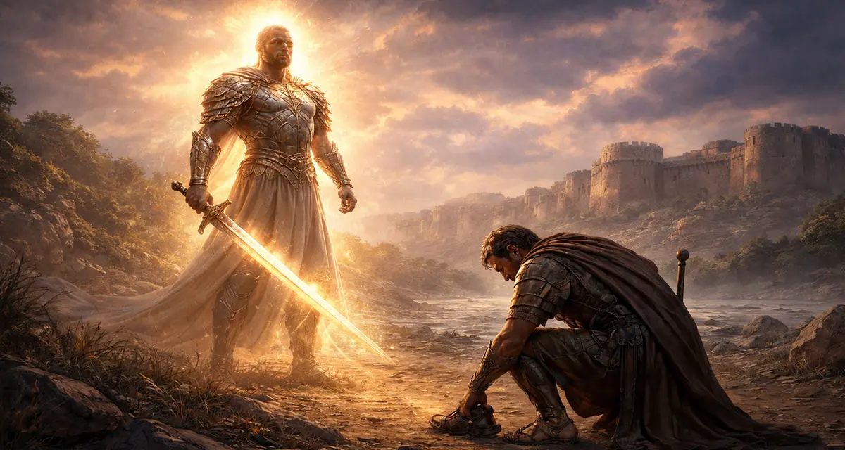 A radiant, authoritative figure identified as the Commander of the Lord’s army stands before Joshua, who kneels and removes his sandal on holy ground, as divine light fills the scene and transforms the ordinary landscape into a sacred moment of encounter.