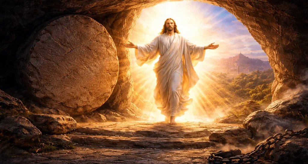 Resurrection of Jesus at dawn outside the empty tomb, radiant light breaking through as He steps into new life, symbolizing victory over death and the beginning of new creation