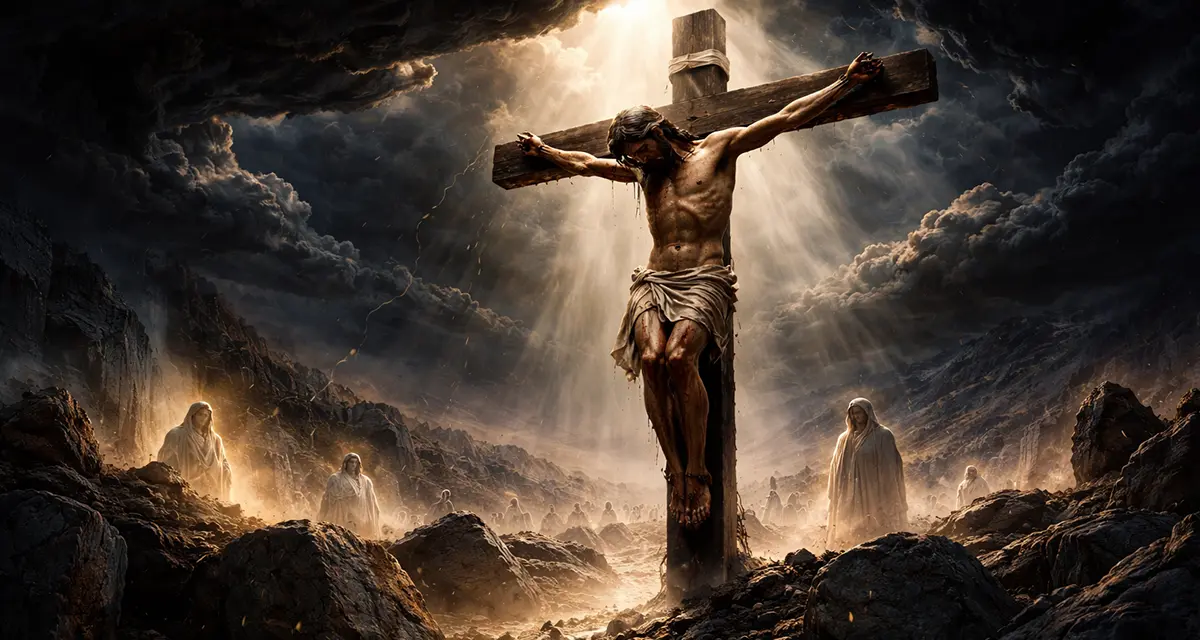 A dramatic scene of the Cross of Jesus Christ under a darkened sky, with rays of light breaking through the clouds as the earth trembles and figures emerge from opened graves, symbolizing judgment, sacrifice, and the victory of life over death.