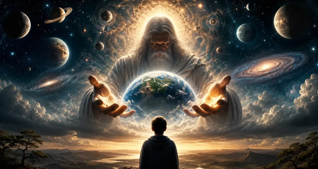 A child stands beneath a vast cosmic sky, gazing at a majestic divine figure holding the Earth amid galaxies and planets, visually contrasting the idea of many imagined gods and cosmic powers with the biblical vision of one eternal Creator who alone sustains all reality.