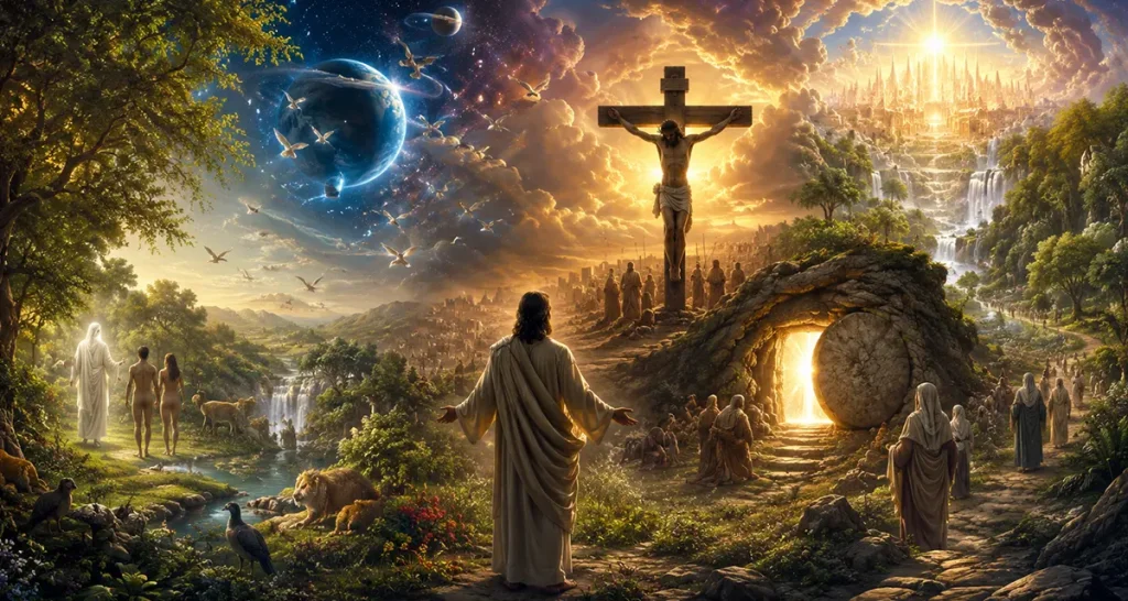 A majestic panoramic depiction of creation and redemption, showing the Garden of Eden, humanity, the crucifixion and resurrection of Christ, and the glorified new creation united under the sustaining presence of God, with Heaven and Earth blending together in radiant eternal harmony.