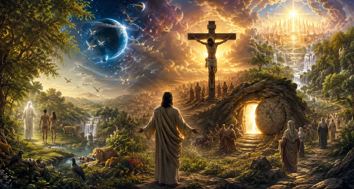 A majestic panoramic depiction of creation and redemption, showing the Garden of Eden, humanity, the crucifixion and resurrection of Christ, and the glorified new creation united under the sustaining presence of God, with Heaven and Earth blending together in radiant eternal harmony.