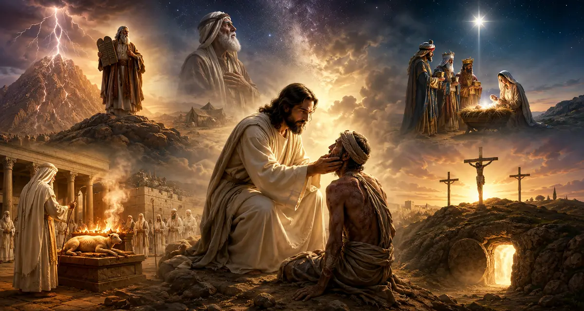 A radiant depiction of Jesus compassionately touching and comforting a wounded leper beneath a glowing heavenly light, surrounded by symbolic scenes from Scripture — Sinai thundering with holiness, the Magi seeking Christ, sacrificial worship, the Cross, and the empty tomb — visually expressing the eternal heart of God declaring, “I am willing.”