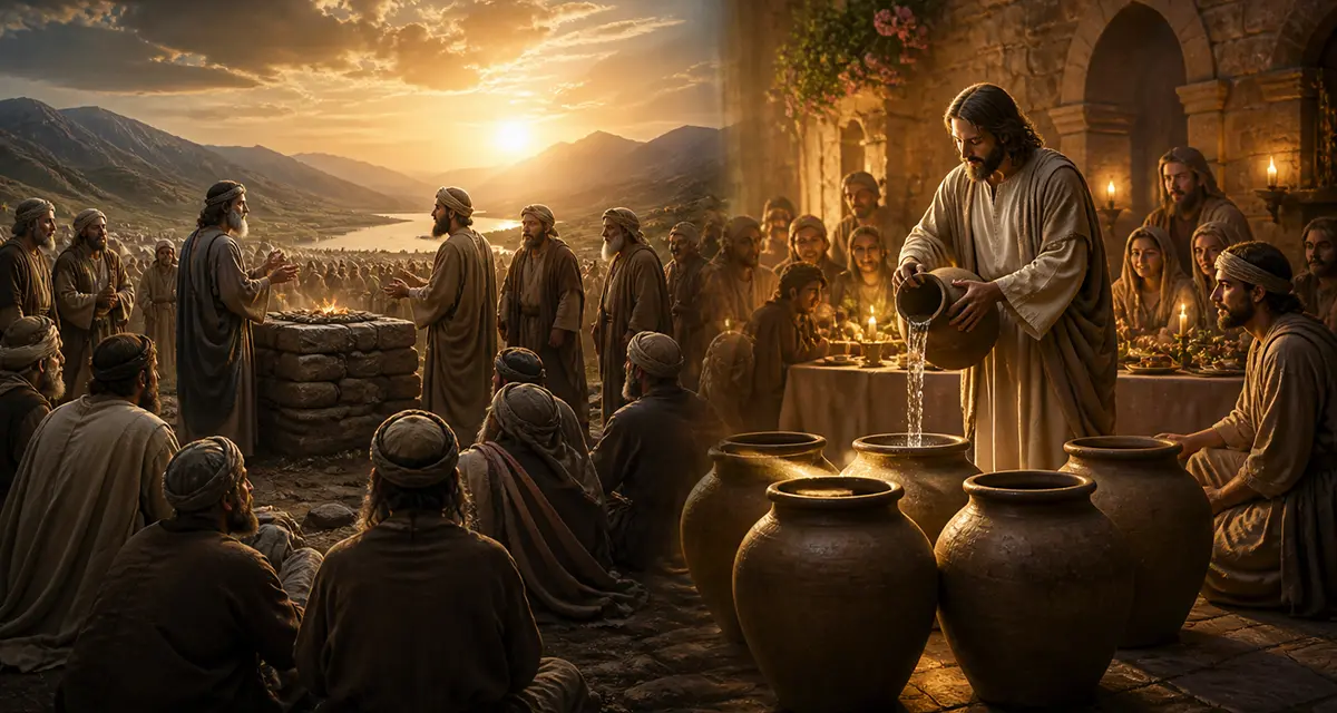 A wide cinematic scene split between two biblical moments: on one side, a group of Israelites gathered around a stone altar in the open landscape, engaged in intense discussion; on the other, a quiet wedding setting where Jesus transforms water into wine in large clay jars—both scenes subtly illuminated to convey God working behind the scenes in human events.