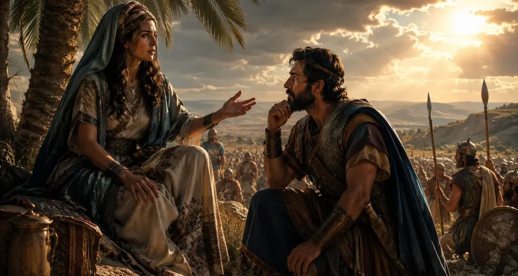 Deborah and Barak overlooking the Israelite army before battle, symbolizing faith, humility, prophetic guidance, and dependence on God amidst overwhelming odds.