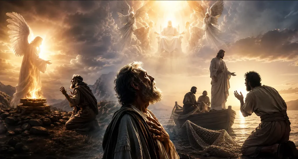 A trembling man kneels in awe and fear before the radiant holiness of God, surrounded by divine light, angelic presence, and scenes of biblical encounters revealing humanity’s fragility before the mercy, majesty, and peace of a holy God.