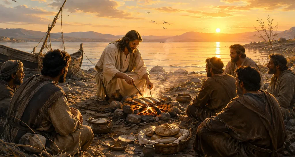 A quiet dawn on the shore as the risen Christ lovingly prepares breakfast over a charcoal fire for weary fishermen, revealing the fear of God not as terror alone, but as overwhelming holiness clothed in tenderness, humility, and divine love.