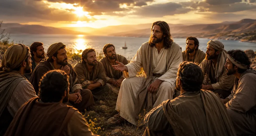 A warm cinematic scene of Jesus seated among His disciples beside a lake at sunset, speaking with calm authority while the men around Him listen with expressions of awe, curiosity, reflection, and deep attentiveness. Golden light pours across the water and mountains in the background, capturing the tension between the approachable tenderness and overwhelming holiness of Jesus.