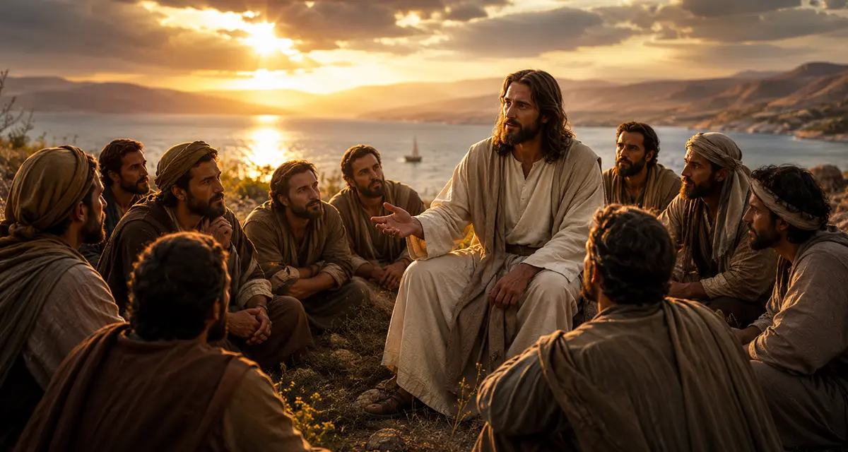 A warm cinematic scene of Jesus seated among His disciples beside a lake at sunset, speaking with calm authority while the men around Him listen with expressions of awe, curiosity, reflection, and deep attentiveness. Golden light pours across the water and mountains in the background, capturing the tension between the approachable tenderness and overwhelming holiness of Jesus.