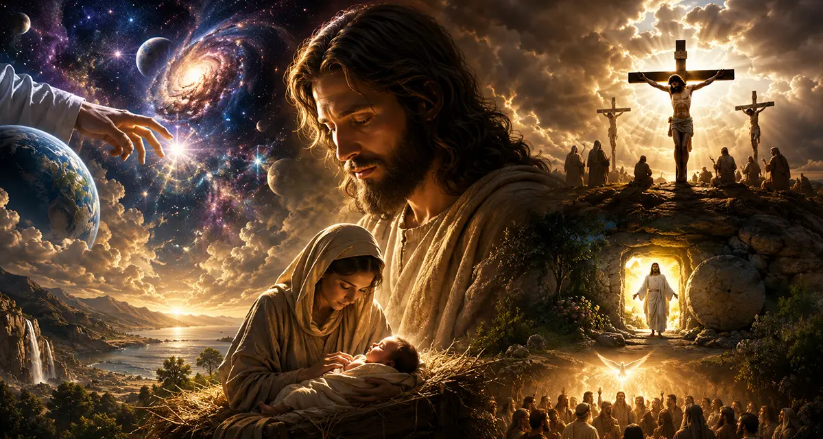 Incarnation of Jesus Christ depicted through a majestic cosmic scene showing the eternal Creator entering creation as man, with the infant Jesus in Mary’s arms beneath the heavens, the divine Word sustaining the universe, and the life, death, and resurrection of Christ unfolding as the restoration of all creation.