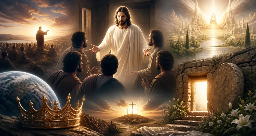 The risen Christ stands among His disciples speaking peace and commissioning them, surrounded by imagery of the Kingdom of God, including a radiant heavenly city, an empty tomb, a royal crown, and the Cross, symbolizing resurrection victory, divine kingship, and eternal communion with God.