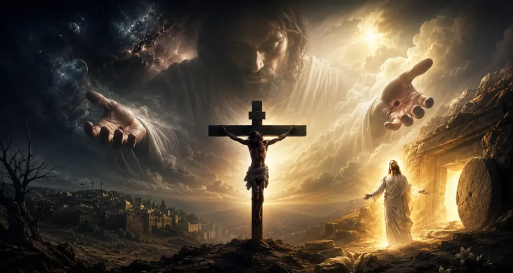 A dramatic and symbolic depiction of the meaning of existence through Jesus Christ, showing the crucifixion and resurrection at the center of creation, with cosmic light and darkness surrounding Him as the eternal source of life, redemption, and all being.