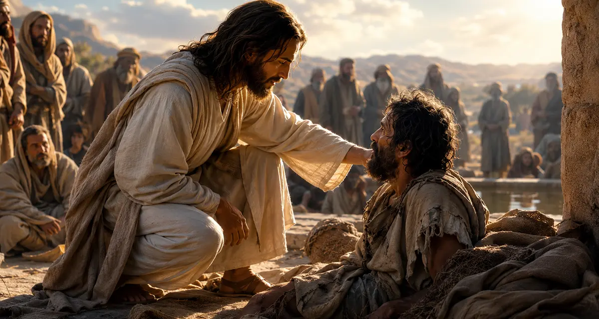 Compassionate depiction of Jesus kneeling beside a broken and wounded man near the pool of Bethesda, illustrating mercy and truth through Christ’s gentle yet powerful response to human weakness and suffering.