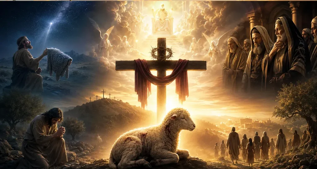 A radiant slain Lamb resting beneath the Cross while divine light pours from Heaven, revealing that God’s ultimate victory over darkness comes not through raw force alone, but through sacrificial love, redemption, and the transforming power of the enthroned Christ.
