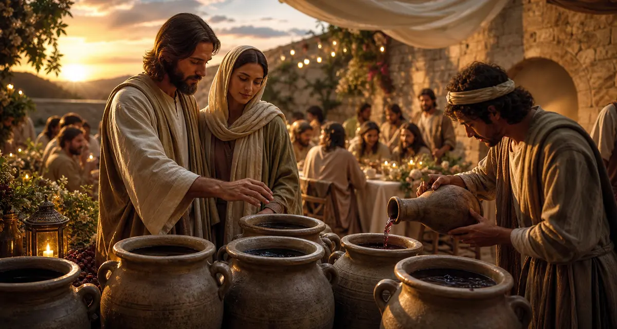 A warm, golden-lit wedding scene in ancient Cana where Jesus stands beside Mary and servants, gently overseeing large stone jars being filled and poured, as guests celebrate in the background—capturing a quiet moment of divine presence, shared joy, and relationship unfolding within an ordinary human gathering.