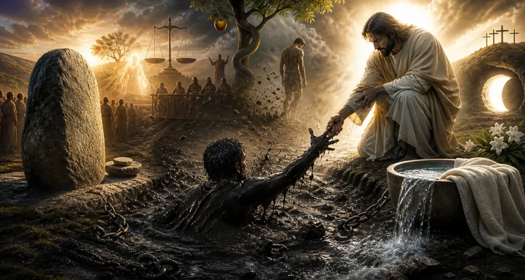 A symbolic scene of a stone witness standing beside a gathering, as a man is lifted from a muddy pit by Jesus, representing spiritual testimony, judgment, rescue, and cleansing under divine light.