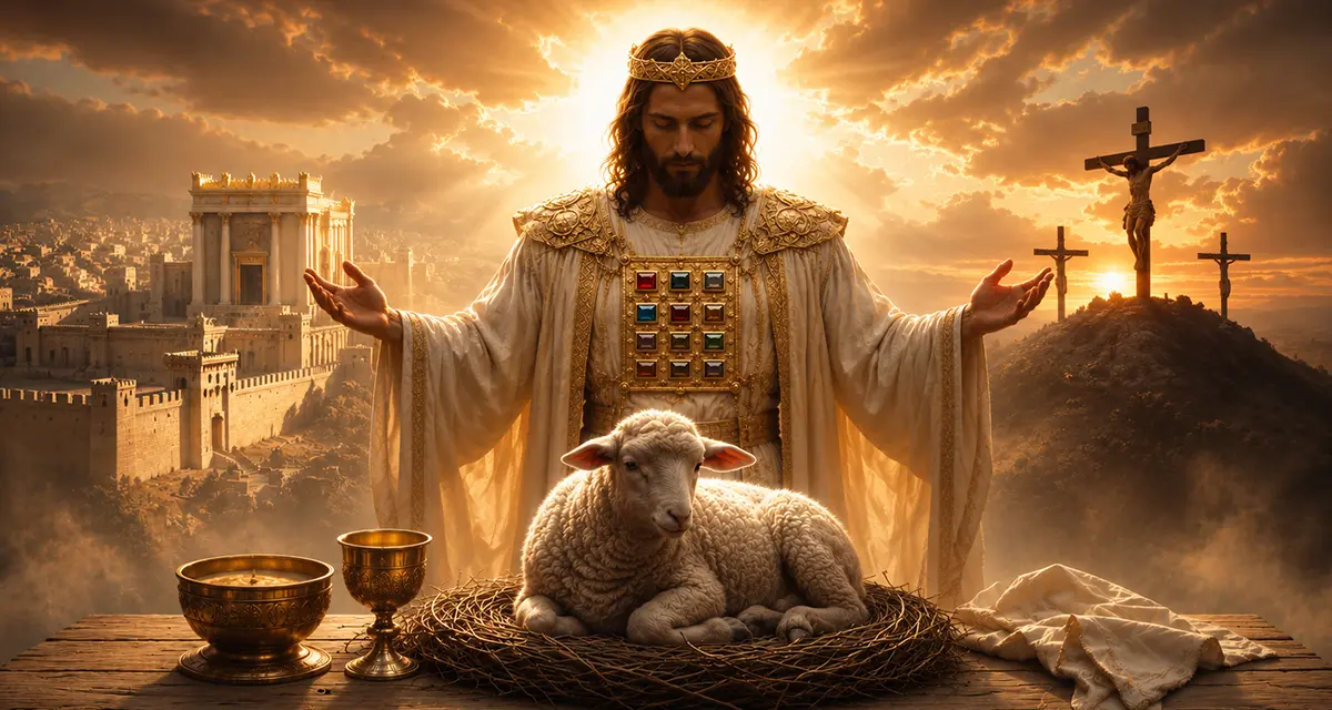 Jesus as the perfect High Priest stands in intercession above a spotless lamb, with the Temple and Calvary in the background, symbolizing Christ as both Priest and Sacrifice who accomplished redemption for His people.