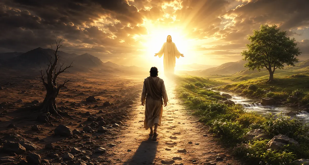 A lone traveler walks a narrow path through a barren wilderness toward a radiant figure of Christ, while the landscape transforms from darkness and desolation into light, life, and flowing water, symbolizing Jesus as the only way to God and the source of true reality.
