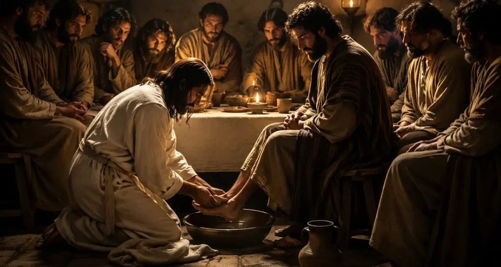 A dramatic depiction of Jesus washing the disciples' feet at the Last Supper, highlighting His humility and grace toward Judas, who sits among the Twelve despite his coming betrayal. The warm candlelit scene contrasts Christ's love with the tragedy of remaining near Him without truly knowing Him.