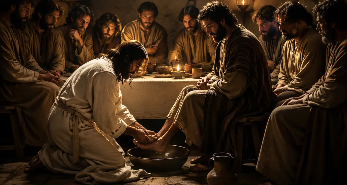 A dramatic depiction of Jesus washing the disciples' feet at the Last Supper, highlighting His humility and grace toward Judas, who sits among the Twelve despite his coming betrayal. The warm candlelit scene contrasts Christ's love with the tragedy of remaining near Him without truly knowing Him.