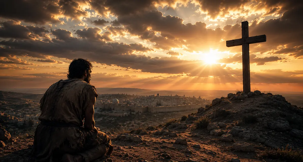 A repentant man kneels on a rocky hill overlooking Jerusalem at sunset, gazing toward a solitary cross silhouetted against radiant golden light breaking through dramatic clouds, symbolizing salvation, grace, faith, and the hope of eternal life through Christ.