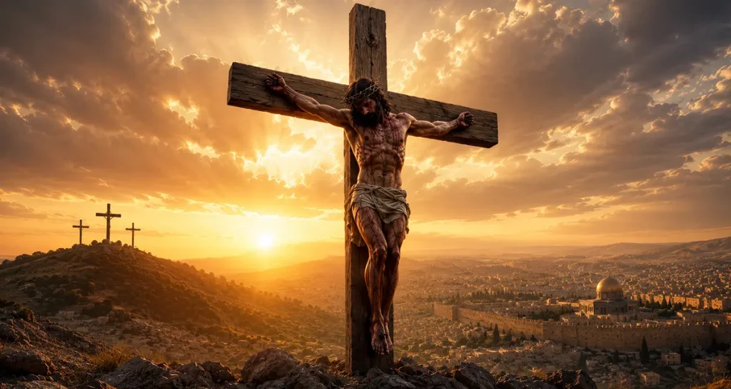 Christ's sacrifice depicted at the crucifixion, showing Jesus on the cross at Golgotha beneath dramatic golden skies overlooking Jerusalem, symbolizing His atoning death, perfect holiness, and redeeming love.