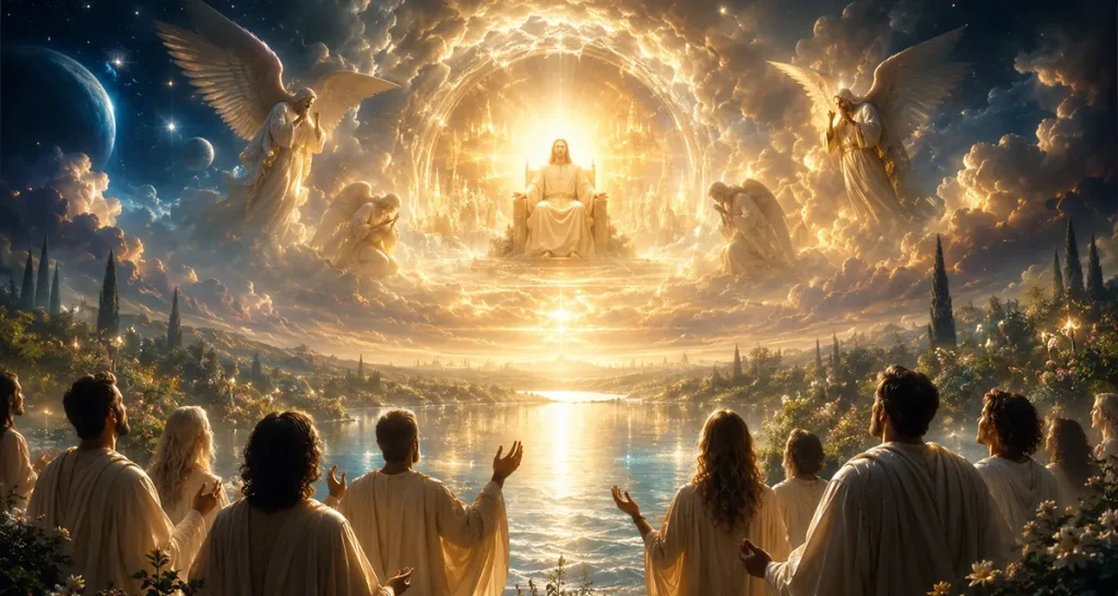 A radiant vision of the New Creation where redeemed believers stand in awe before the enthroned Christ, surrounded by heavenly glory, worshiping in the unveiled presence of God. Angels bow before His majesty as the light of His kingdom fills all things, portraying the promise of believers being filled with the fullness of God and enjoying eternal fellowship with Him face to face.