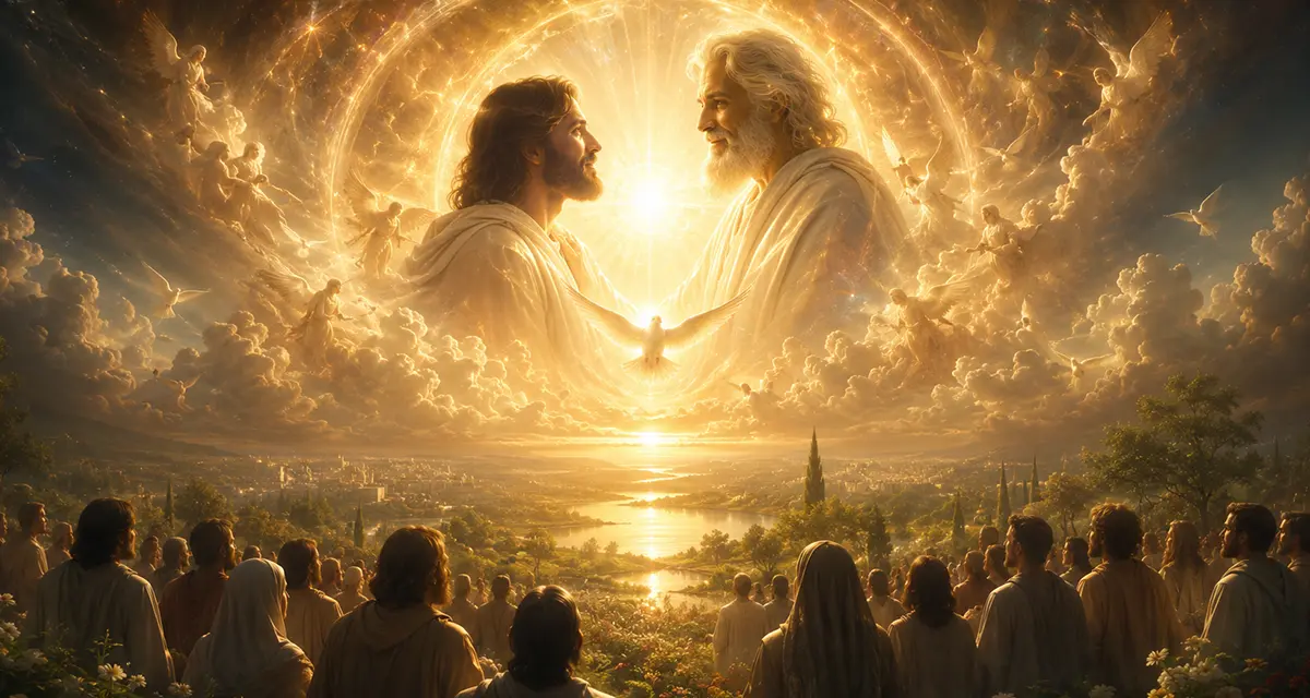 A radiant vision of redeemed humanity gathered before the glory of God, joyfully beholding the eternal fellowship of the Father and the Son amid heavenly light, angels, and a renewed creation overflowing with peace, worship, and divine delight.