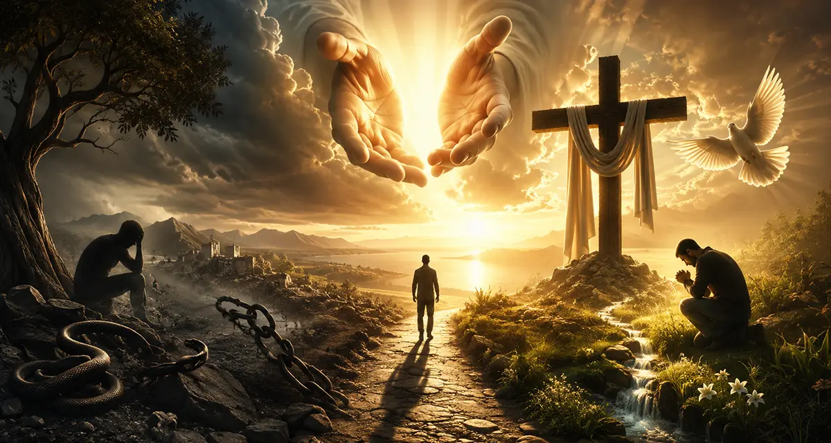 God's heart revealed through grace, faith, and redemption, drawing a sinner from darkness into the light of Christ.