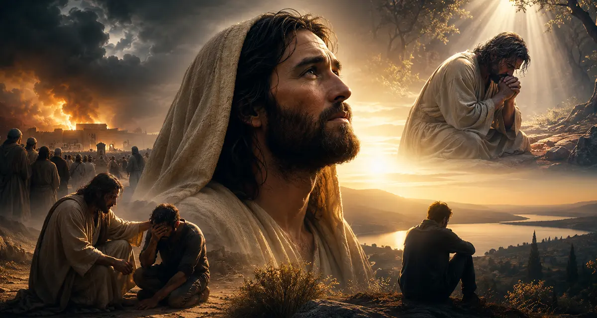Jesus revealing restored humanity through compassion, humility, and redemption