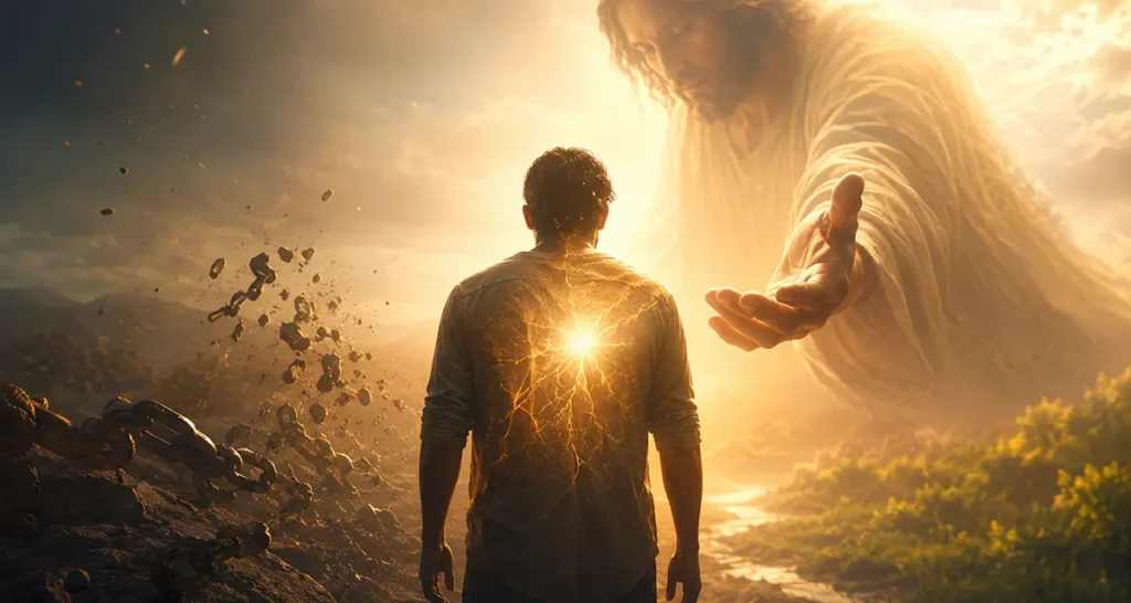 A believer standing in radiant light before Christ, symbolizing identity in Christ, spiritual transformation, union with Him, and the ongoing journey of redemption as the old life gives way to the new creation.