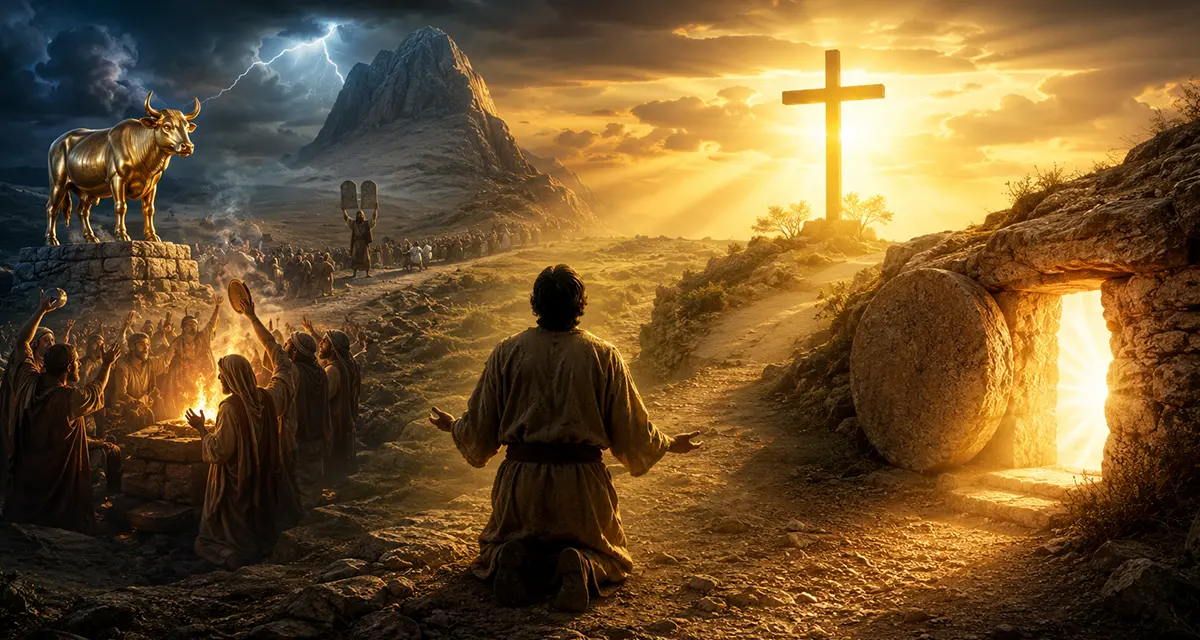A symbolic biblical image of idolatry and the human heart, showing a figure between the worship of a golden calf and the light of Christ's cross and empty tomb, representing the choice between rebellion and redemption.