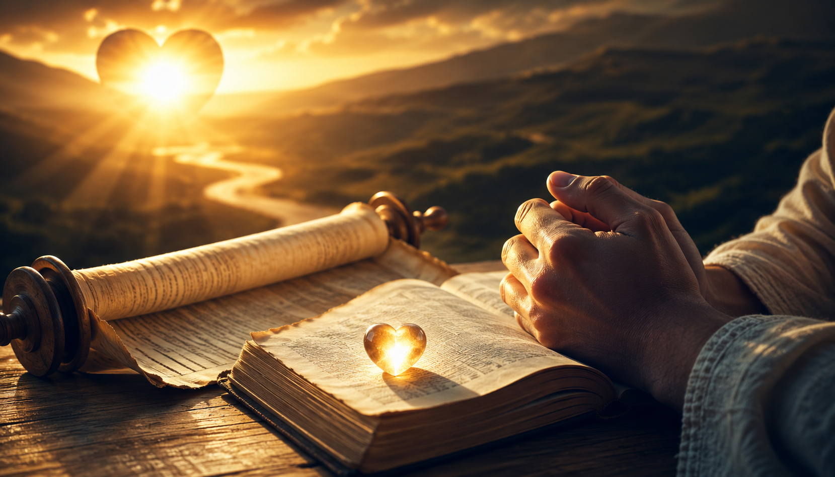 A believer kneels in prayer beside an open Bible and ancient scroll, symbolizing a heart that seeks to keep God's commandments through love, devotion, and faithful obedience, while a radiant path stretches toward a glorious horizon under golden light.