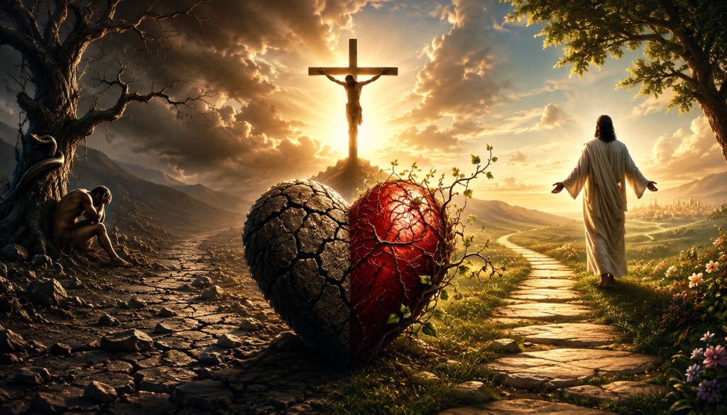 A symbolic depiction of humanity's need for a new heart: a cracked, lifeless heart transformed into a living, vibrant heart through the light of Christ's sacrifice, with the Cross at the center, contrasting the darkness of rebellion with the hope of redemption and union with Christ.