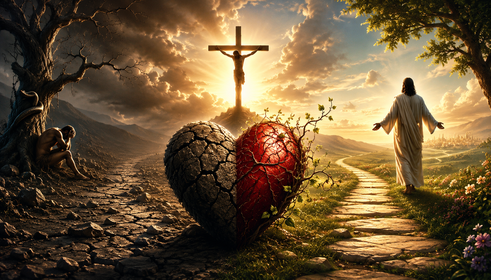 A symbolic depiction of humanity's need for a new heart: a cracked, lifeless heart transformed into a living, vibrant heart through the light of Christ's sacrifice, with the Cross at the center, contrasting the darkness of rebellion with the hope of redemption and union with Christ.