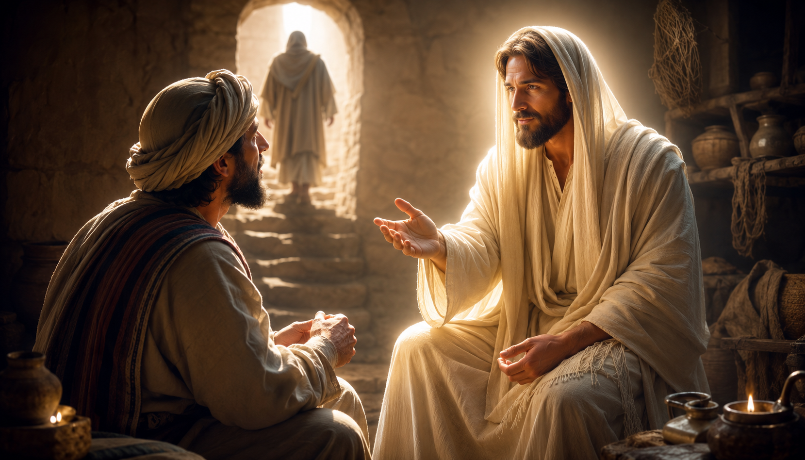 Jesus speaks to Ananias in a vision, revealing Paul's suffering as part of his divine calling to bear Christ's name before nations, kings, and Israel, with a warm, cinematic biblical setting.