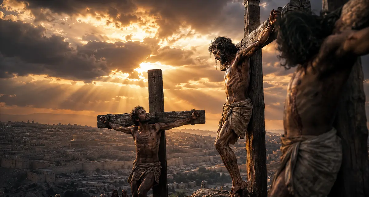 Saving grace at the cross—Jesus crucified between two thieves on a hill overlooking Jerusalem, as the repentant thief turns toward Him in faith beneath dramatic rays of light breaking through storm clouds, symbolizing divine mercy, redemption, and the promise of salvation.
