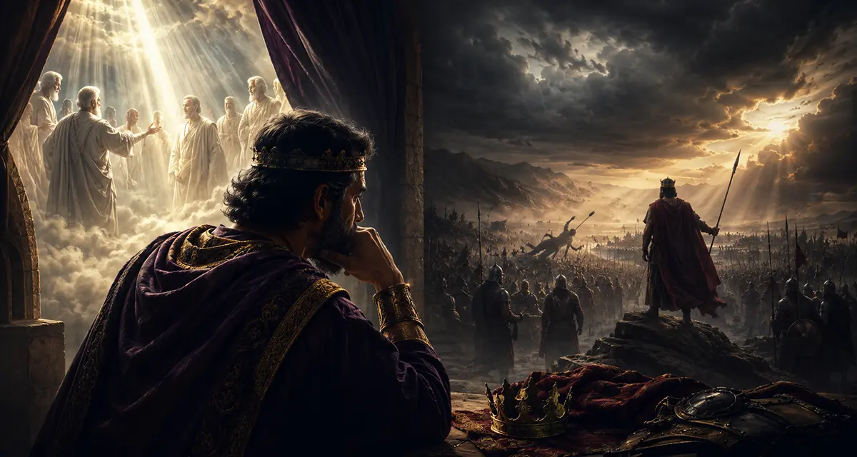 A dramatic biblical scene where divine light shines from heaven upon a king facing the consequences of his choices, symbolizing God's truth exposing self-deception and calling the heart into the light.