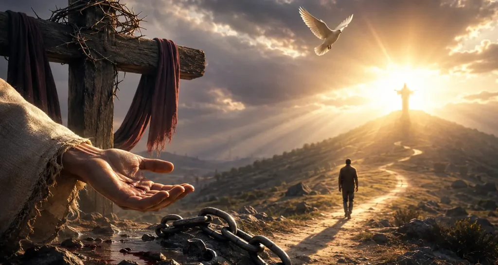 A dramatic Christian landscape at dawn featuring a rugged cross on a hill, a winding path leading toward radiant light, and a lone traveler walking forward in faith. Broken chains lie behind, while a dove soars overhead, symbolizing grace, redemption, God's sustaining presence, and the believer's journey from struggle toward the glory secured through Christ.