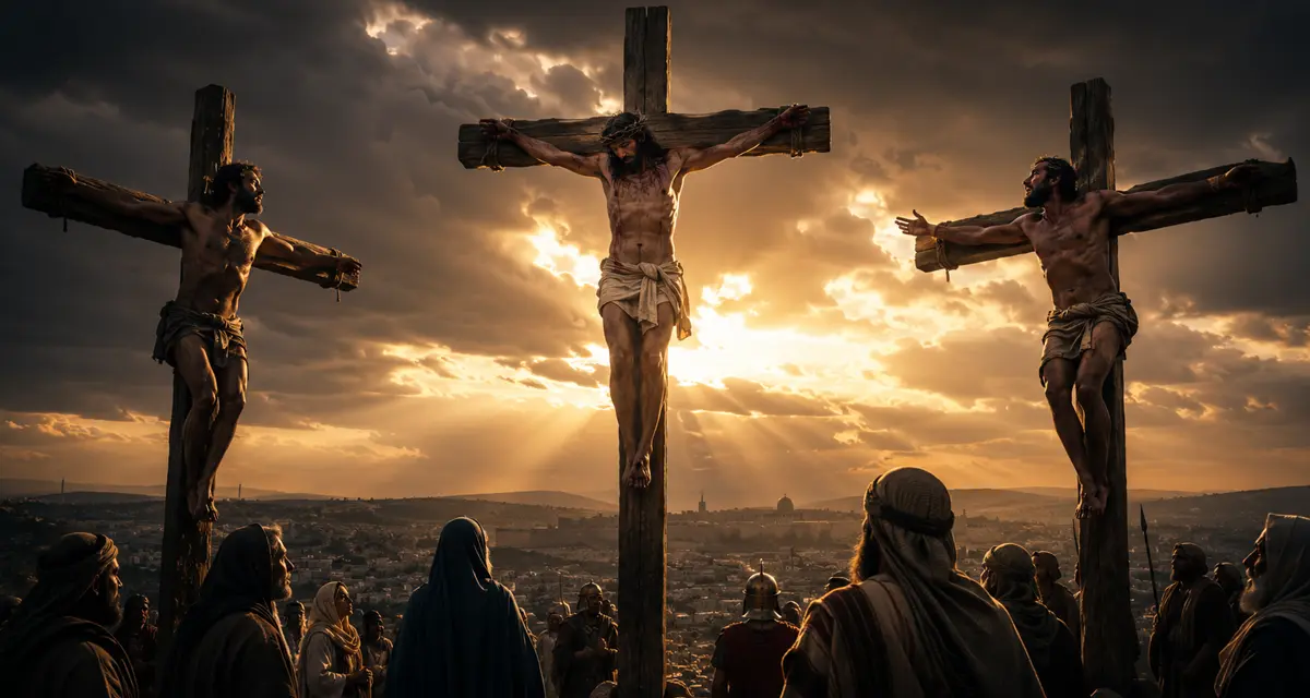 The thief on the cross looks toward the crucified Jesus with faith and hope amid the darkness of Calvary, as golden light breaks through the clouds over Jerusalem, symbolizing grace, redemption, and the promise of Christ's kingdom.