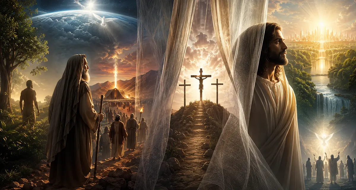 The veil removed reveals Jesus Christ, with the Cross at the center of redemptive history and the radiant New Creation beyond, symbolizing God's unfolding revelation from Genesis to eternity.